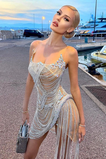 Delilah Rhinestone Strapless Mesh Mini Dress - Nude