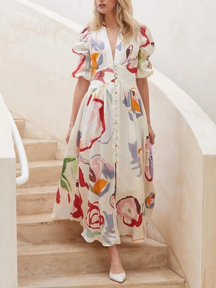 Watercolor Floral Printed Puff Sleeve Button Maxi Dress