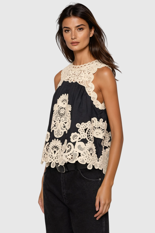 Ruio Cochet Sleeveless Lace Top - Black