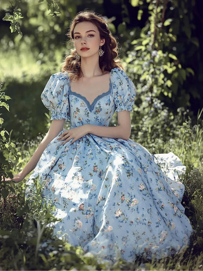 Floral print V-neck puff sleeve maxi dress - blue