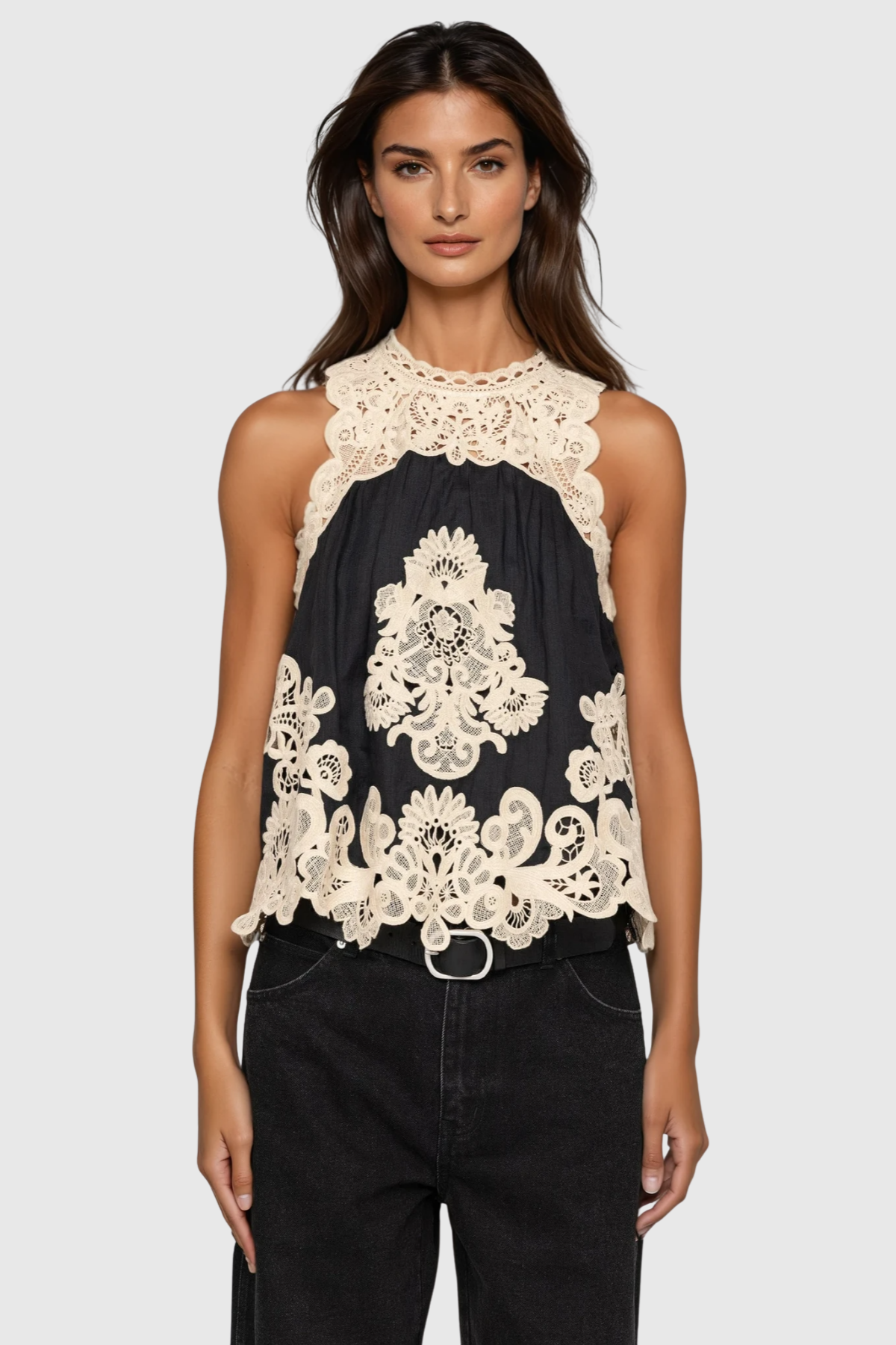 Ruio Cochet Sleeveless Lace Top - Black