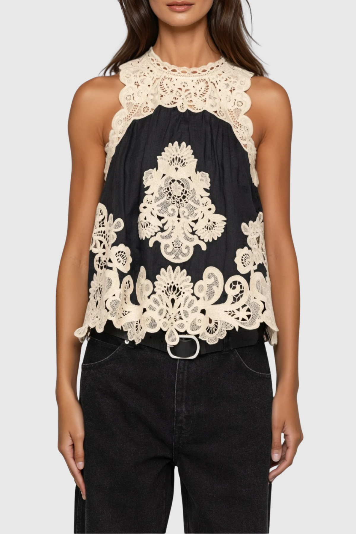 Ruio Cochet Sleeveless Lace Top - Black