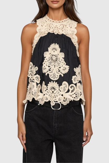 Ruio Cochet Sleeveless Lace Top - Black