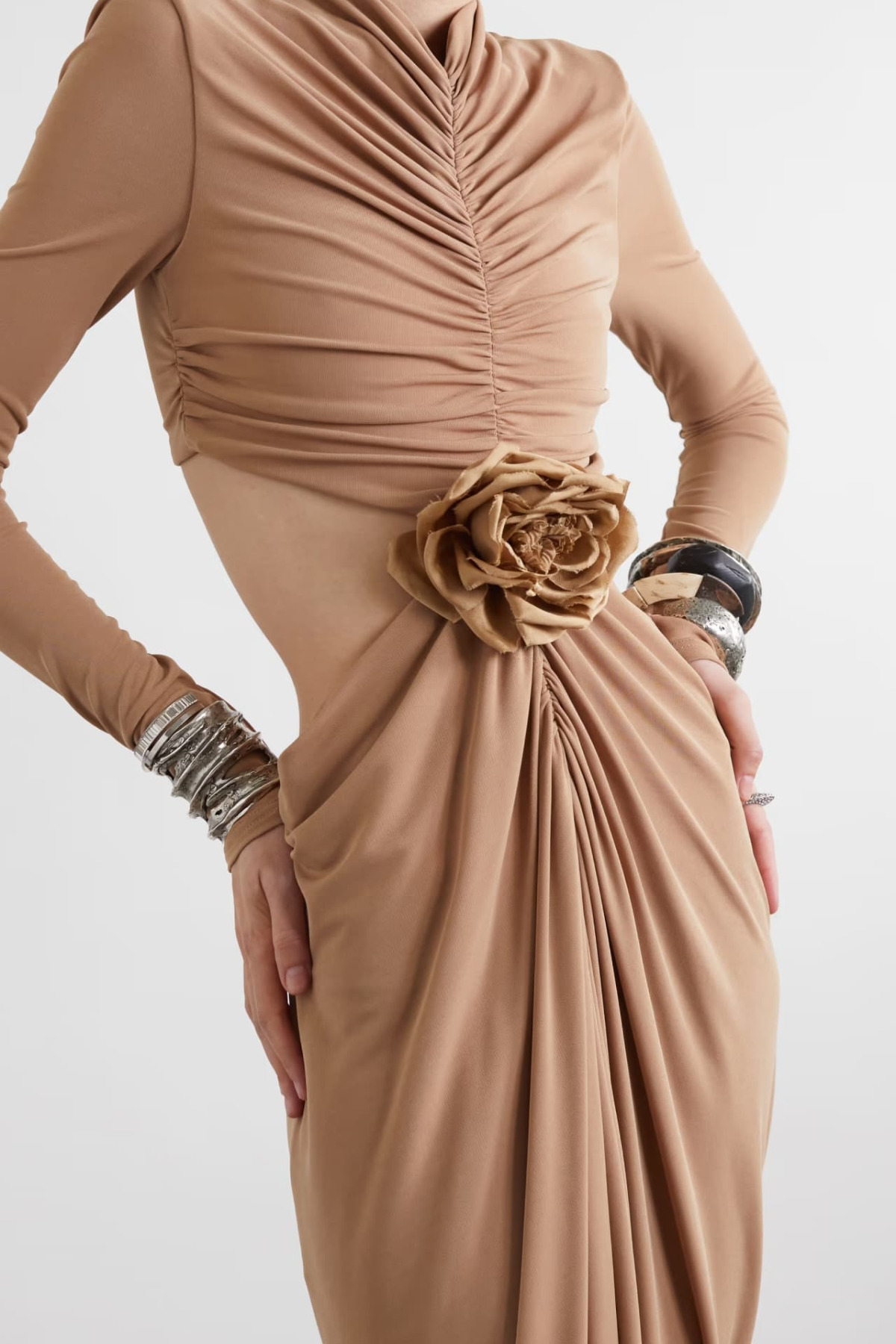 Tibera Floral Cutout Ruched Maxi Dress - Beige