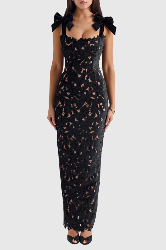 Beora Lace Bow Maxi Dress - Black