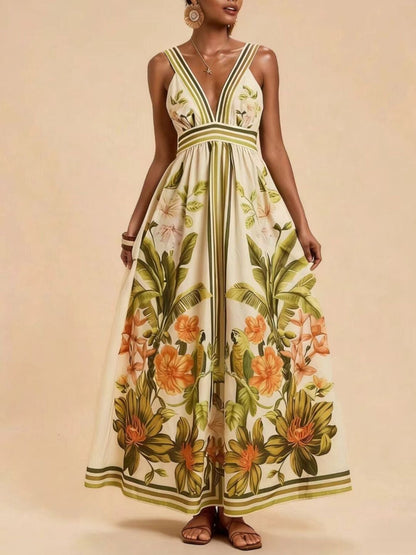 Tropical Print V-Neck Maxi Dress