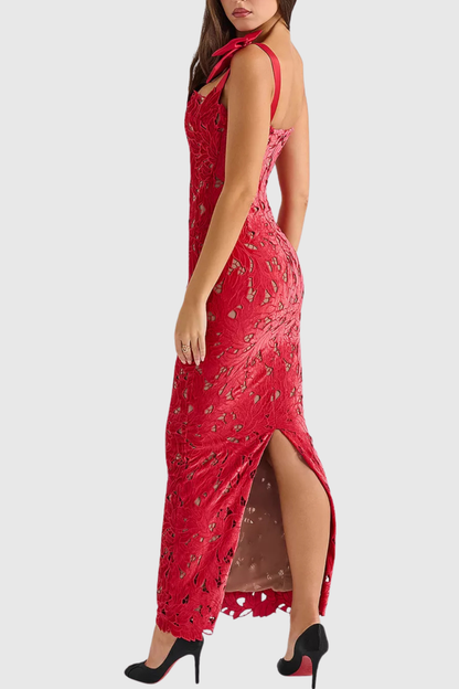 Beora Lace Bow Maxi Dress - Red