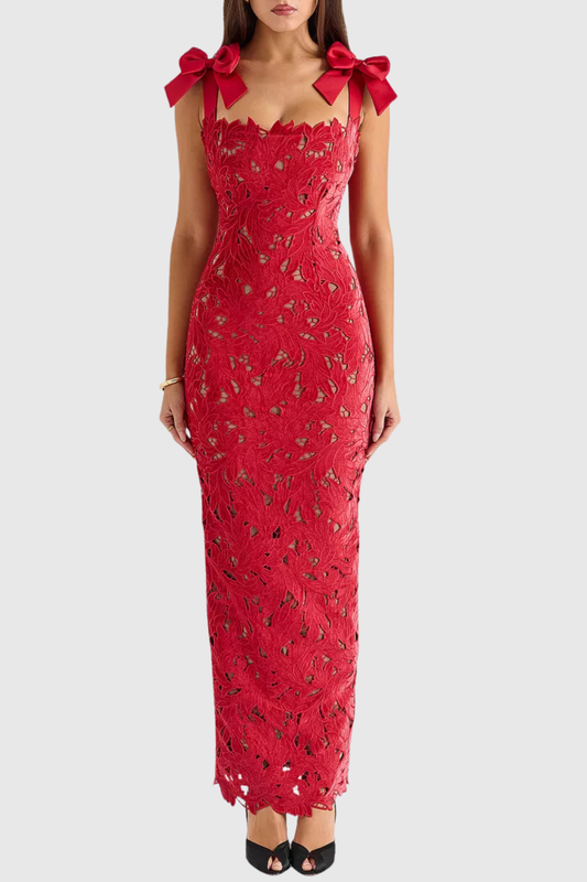 Beora Lace Bow Maxi Dress - Red
