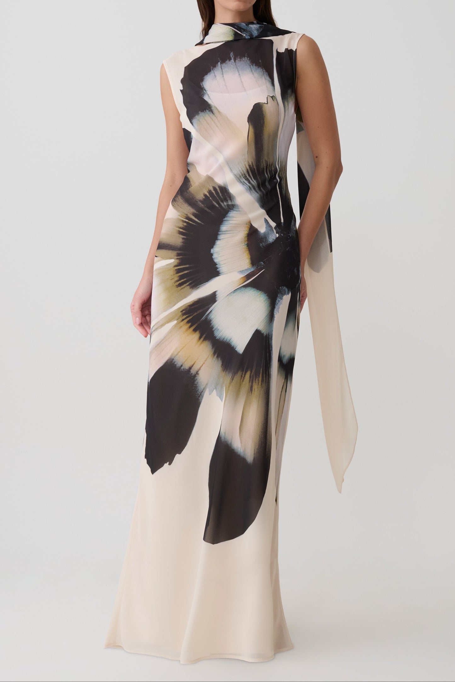 Dakota Chiffon Maxi Dress With Scarf - Ivory Oversized Floral Print