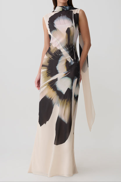 Dakota Chiffon Maxi Dress With Scarf - Ivory Oversized Floral Print