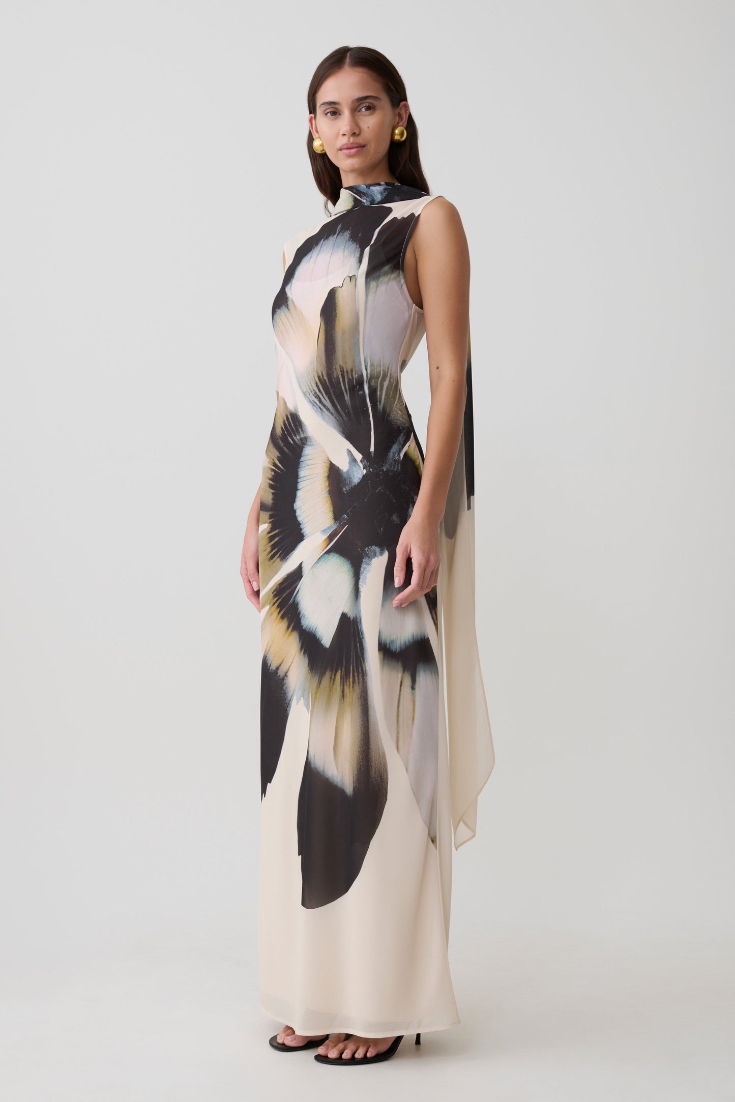 Dakota Chiffon Maxi Dress With Scarf - Ivory Oversized Floral Print