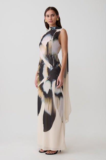 Dakota Chiffon Maxi Dress With Scarf - Ivory Oversized Floral Print