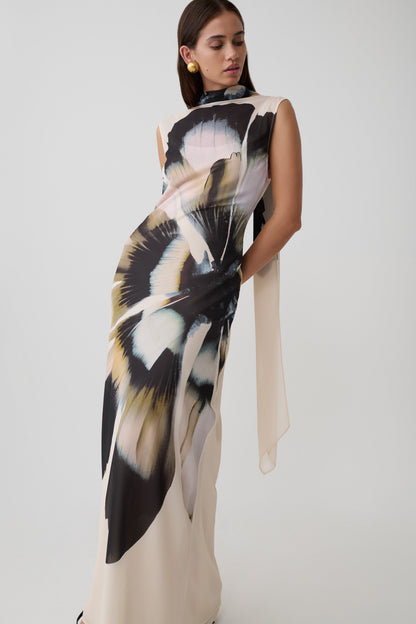 Dakota Chiffon Maxi Dress With Scarf - Ivory Oversized Floral Print