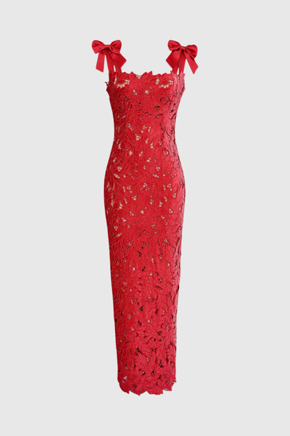 Beora Lace Bow Maxi Dress - Red