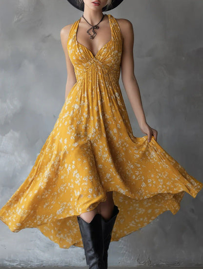 Off-shoulder halter floral print maxi dress
