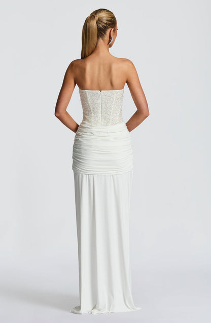 Albie Sequin Strapless Ruched Maxi Dress - White