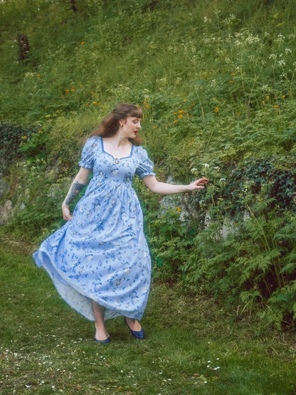 Floral print V-neck puff sleeve maxi dress - blue