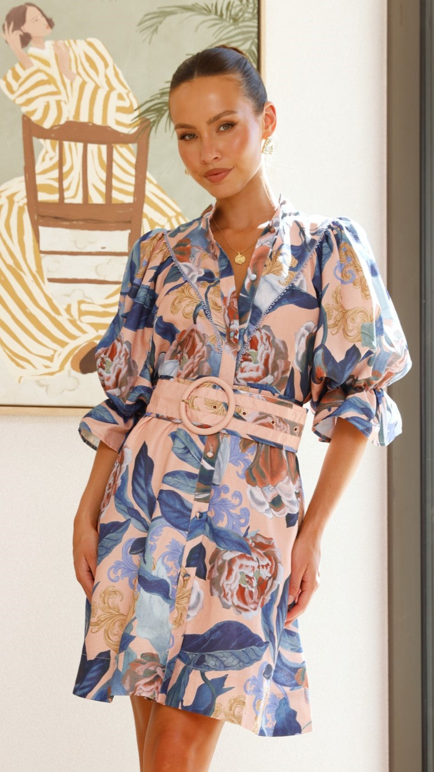 Floral print linen lace long sleeve mini dress - gray / blue