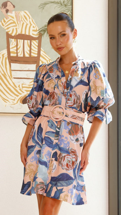 Floral print linen lace long sleeve mini dress - gray / blue