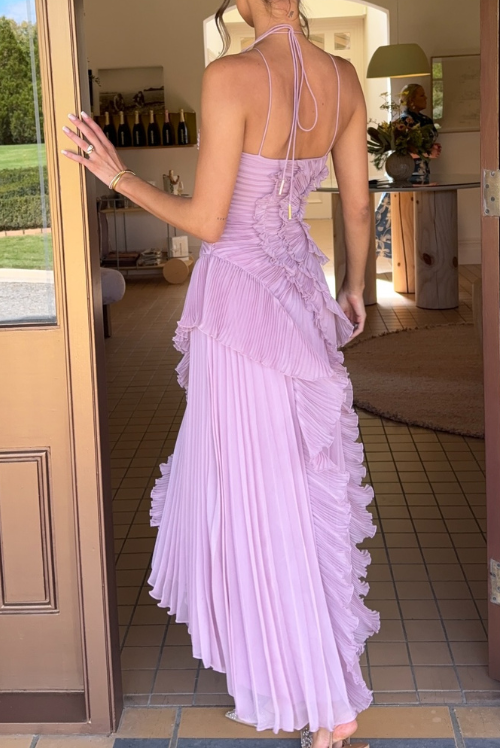ruffle halter backless maxi dress in pale purple