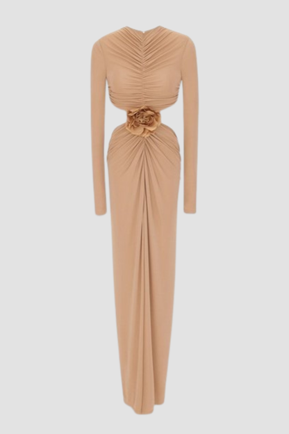 Tibera Floral Cutout Ruched Maxi Dress - Beige