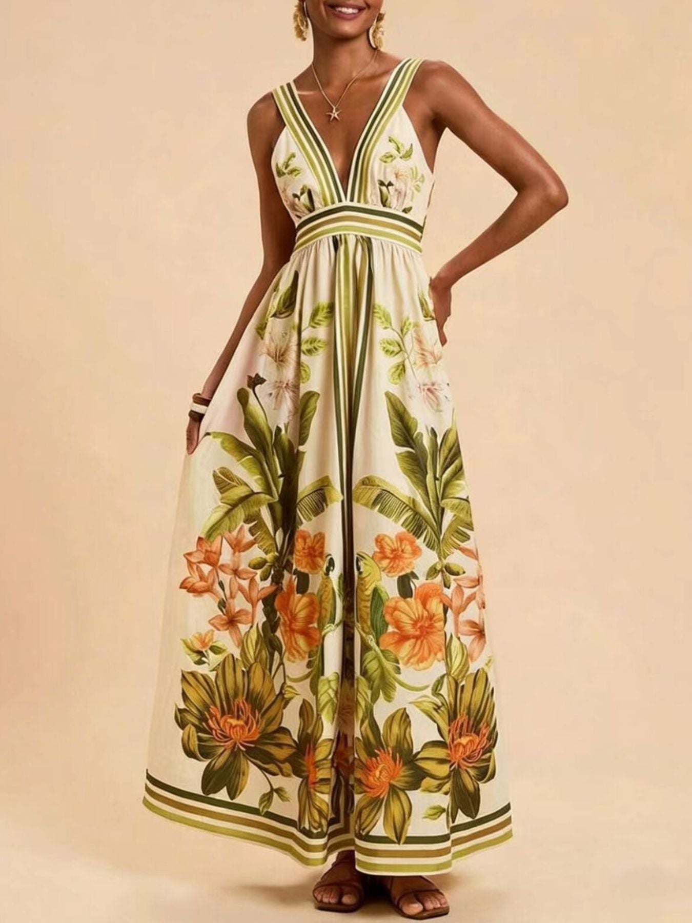 Tropical Print V-Neck Maxi Dress