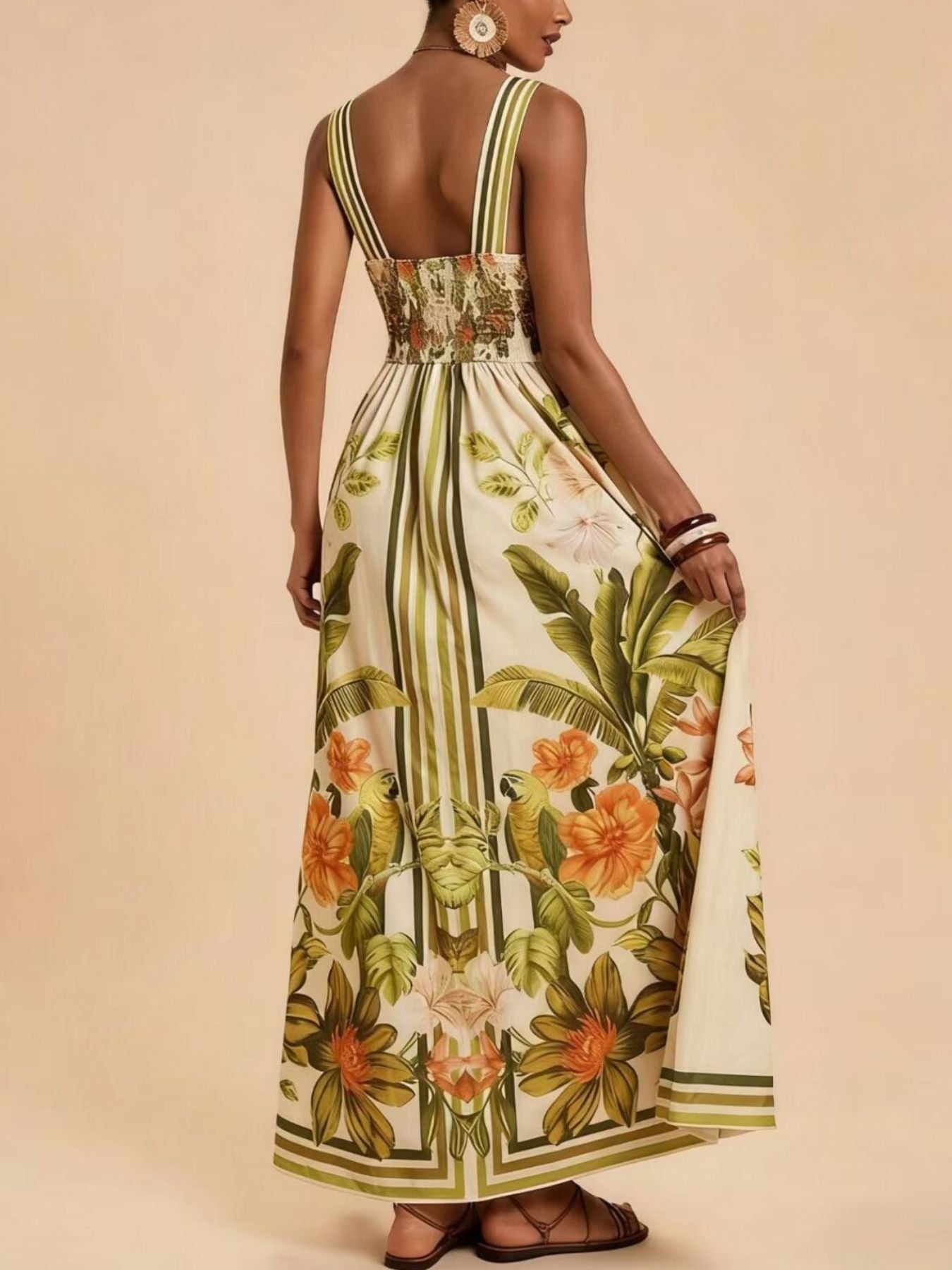 Tropical Print V-Neck Maxi Dress