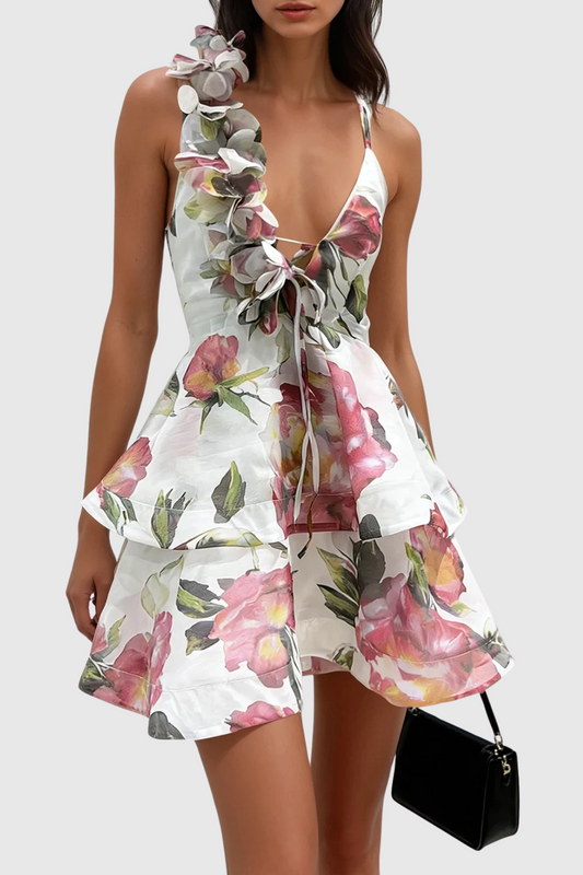 Pera Floral Appliqué Ruffle Mini Dress - White