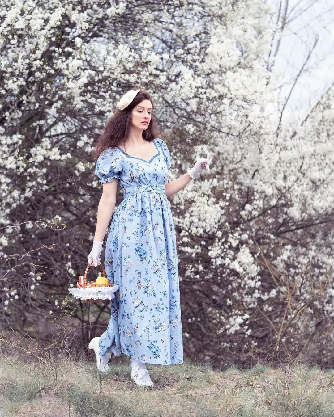 Floral print V-neck puff sleeve maxi dress - blue