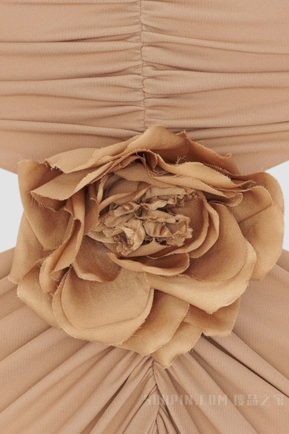 Tibera Floral Cutout Ruched Maxi Dress - Beige