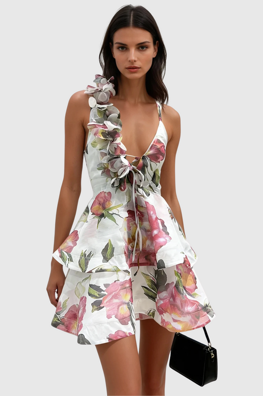 Pera Floral Appliqué Ruffle Mini Dress - White