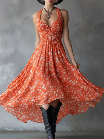 Off-shoulder halter floral print maxi dress