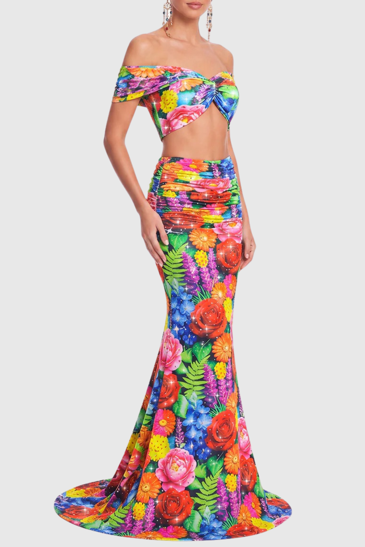 Aizah Floral Off Shoulder Top & Maxi Skirt Set