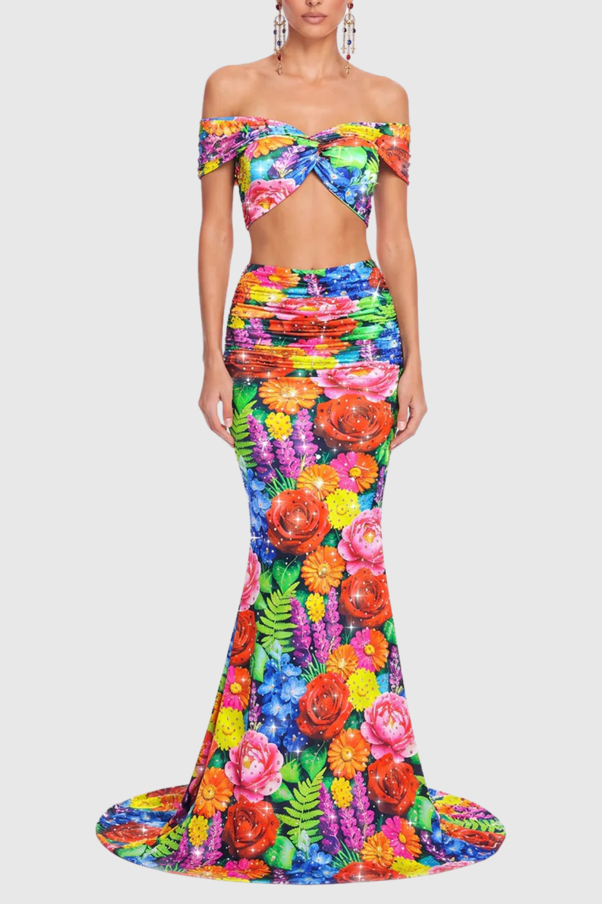Aizah Floral Off Shoulder Top & Maxi Skirt Set