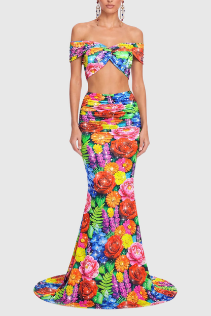 Aizah Floral Off Shoulder Top & Maxi Skirt Set
