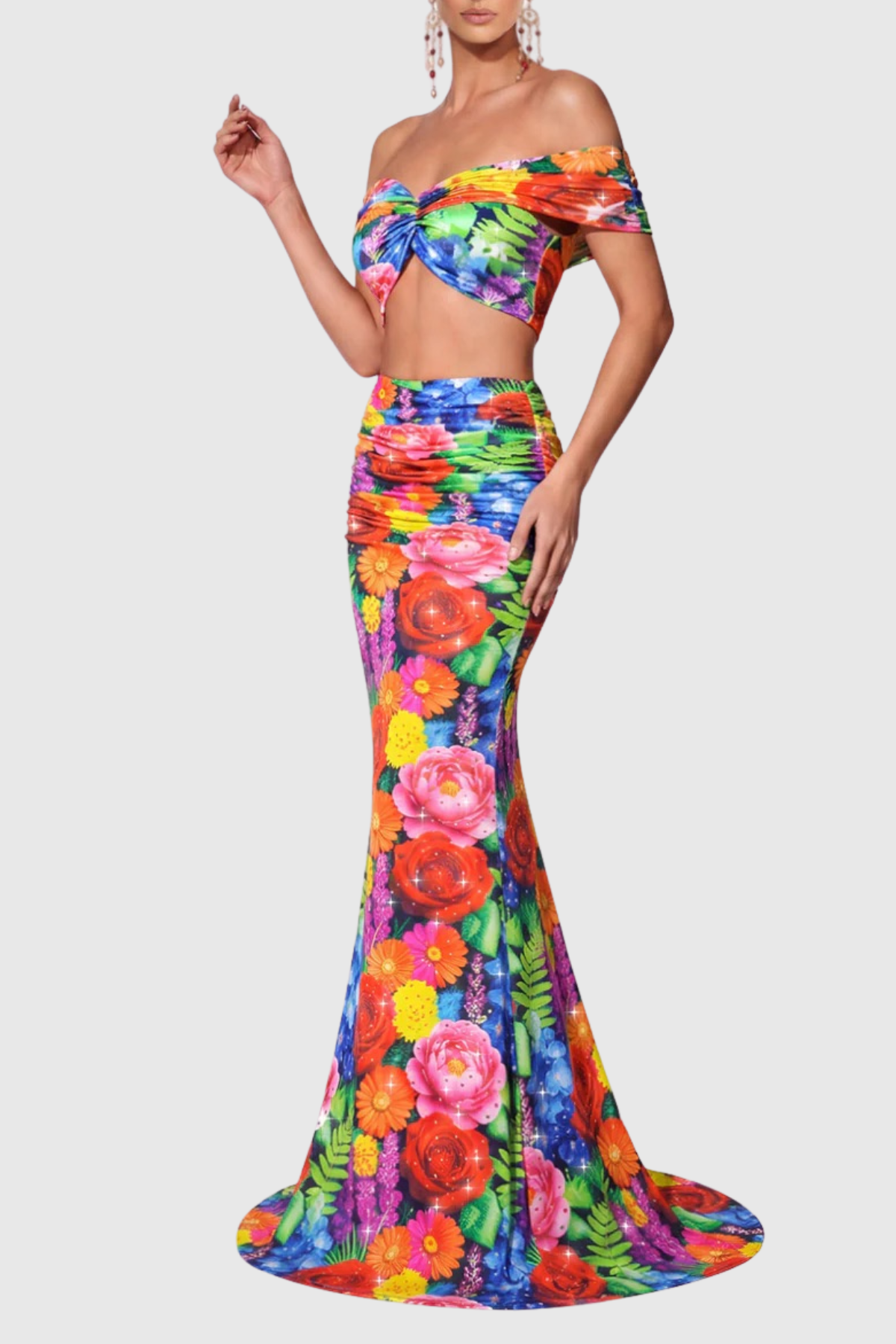 Aizah Floral Off Shoulder Top & Maxi Skirt Set