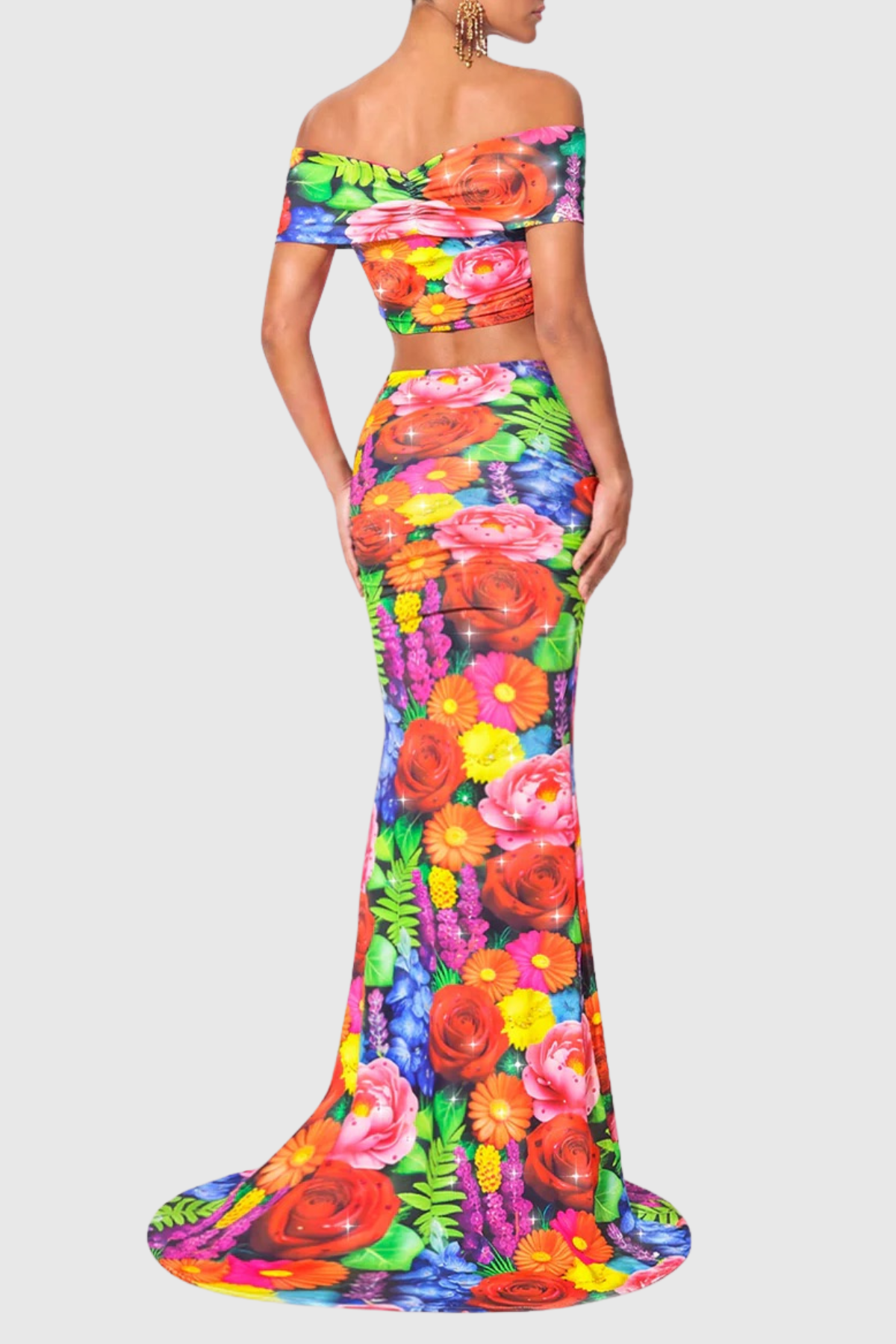 Aizah Floral Off Shoulder Top & Maxi Skirt Set