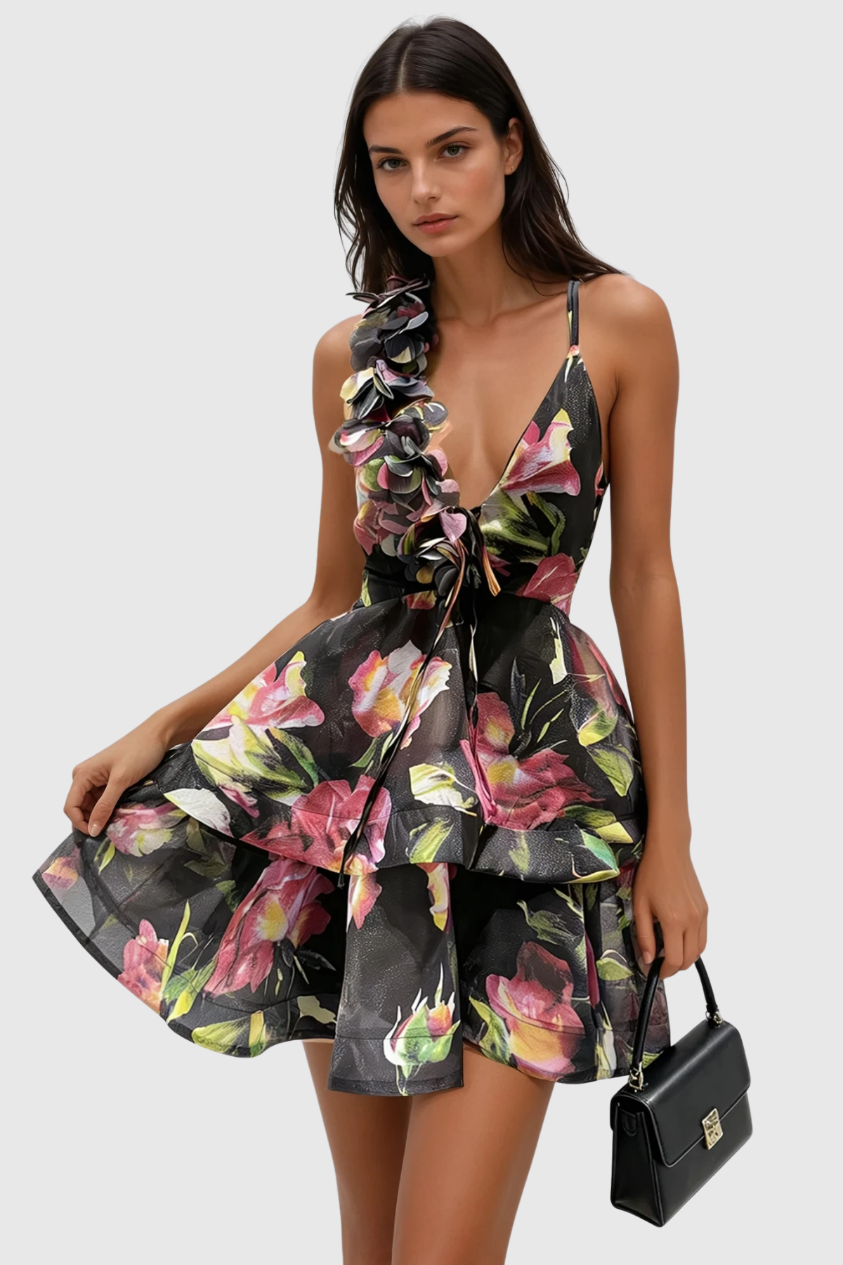 Pera Floral Appliqué Ruffle Mini Dress - Black
