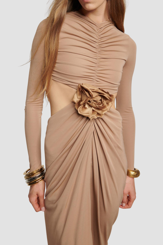 Tibera Floral Cutout Ruched Maxi Dress - Beige