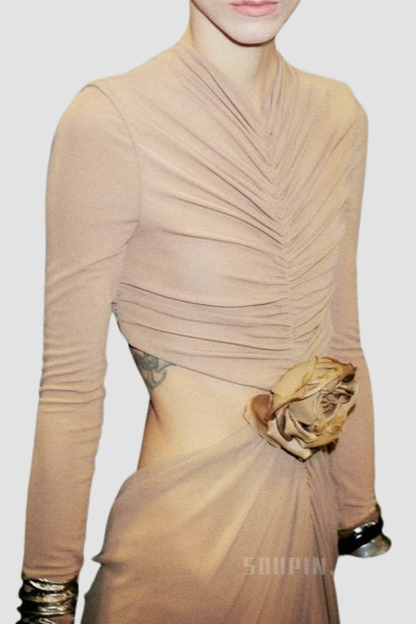 Tibera Floral Cutout Ruched Maxi Dress - Beige