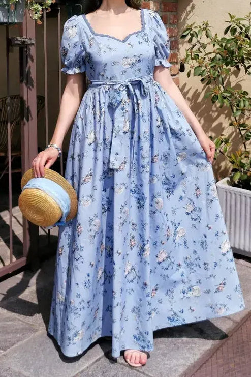 Floral print V-neck puff sleeve maxi dress - blue