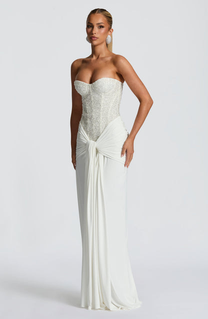 Albie Sequin Strapless Ruched Maxi Dress - White