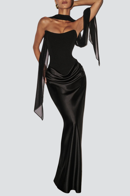AIsolda  Strapless Corset Scarf Satin Maxi Dress - Black