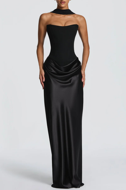 AIsolda  Strapless Corset Scarf Satin Maxi Dress - Black