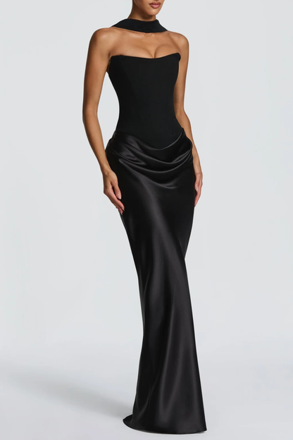 AIsolda  Strapless Corset Scarf Satin Maxi Dress - Black