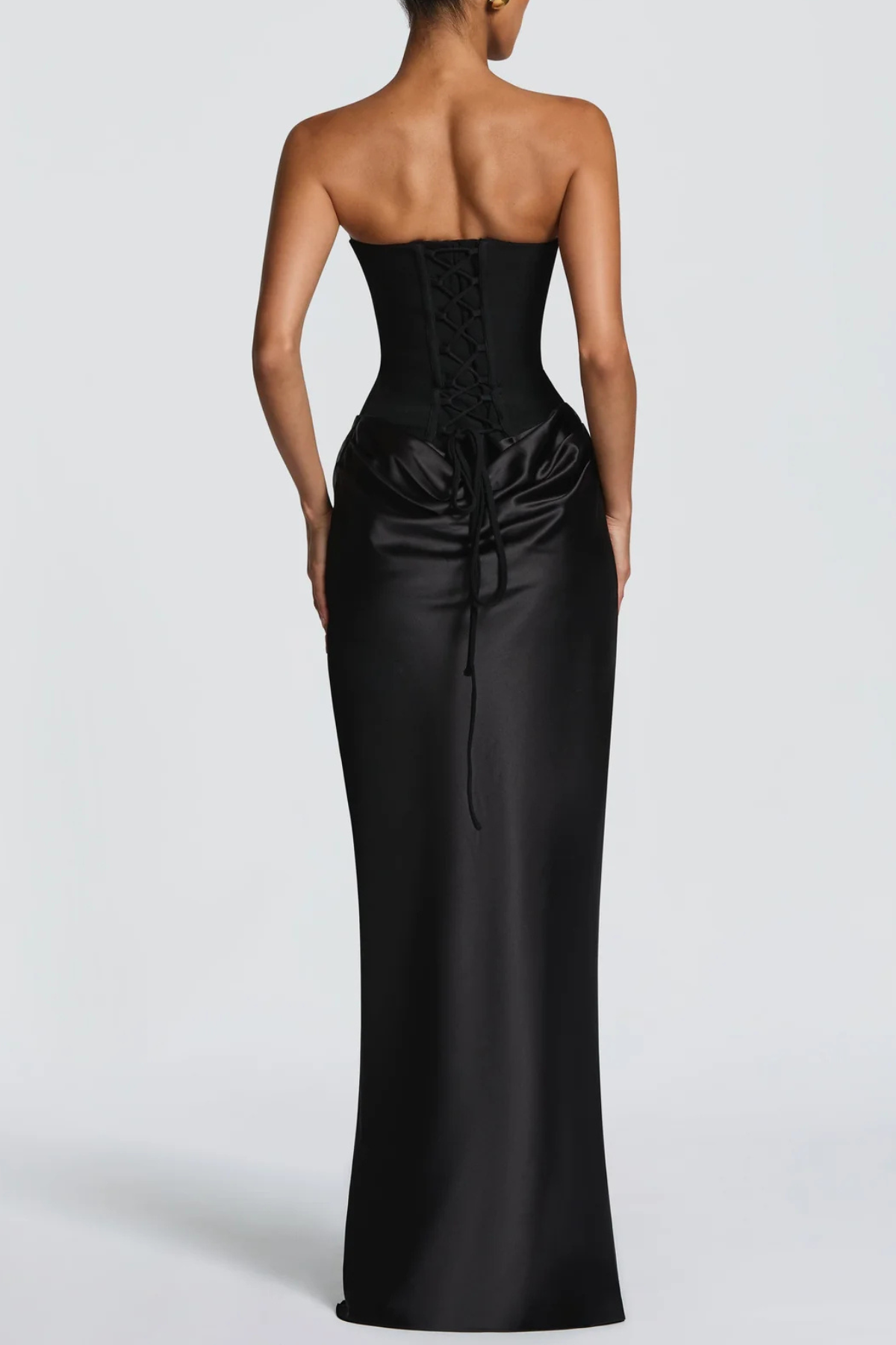 AIsolda  Strapless Corset Scarf Satin Maxi Dress - Black