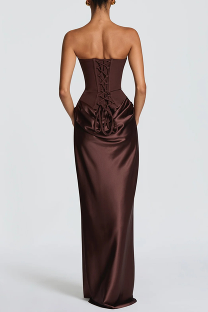 AIsolda  Strapless Corset Scarf Satin Maxi Dress - Brown