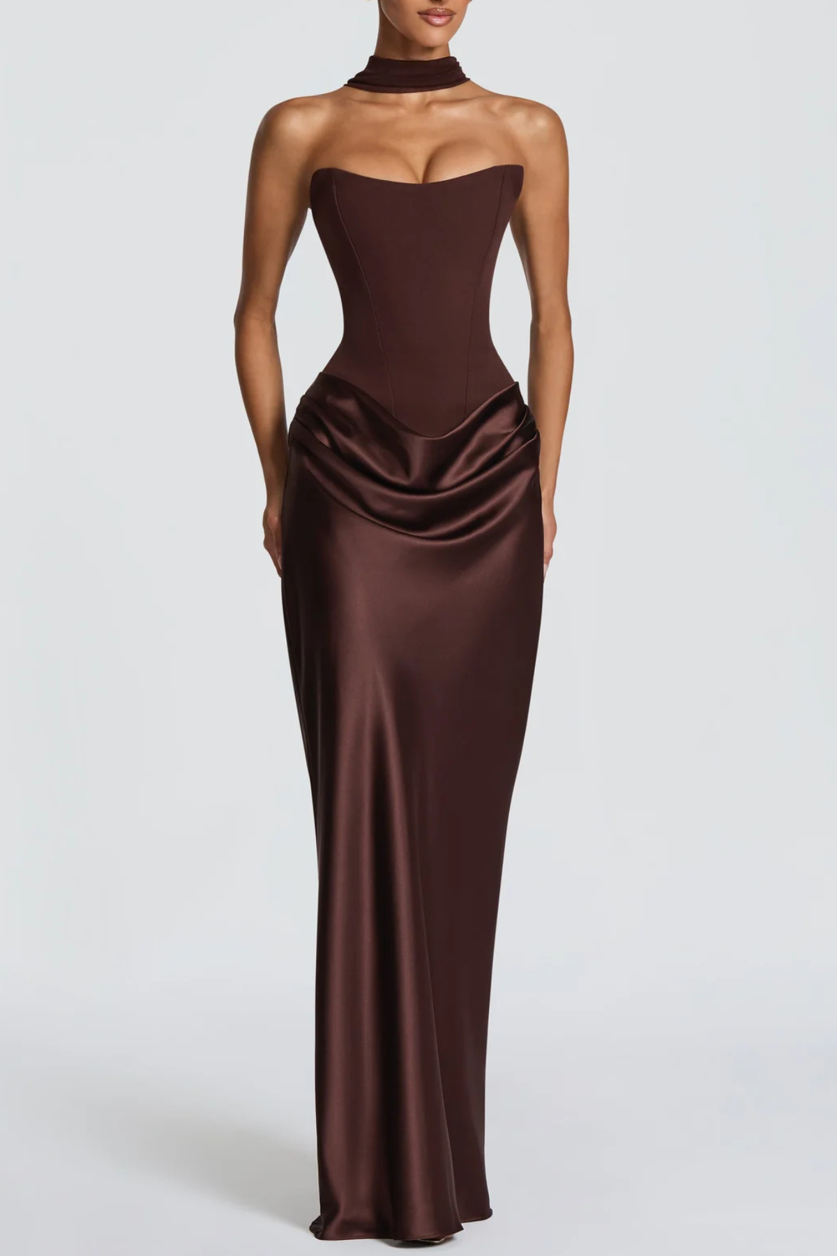 AIsolda  Strapless Corset Scarf Satin Maxi Dress - Brown