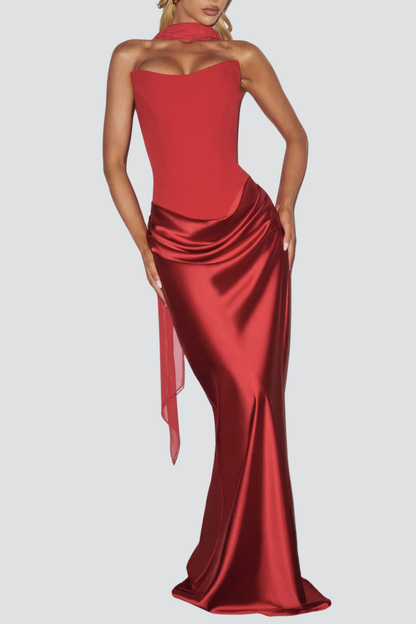AIsolda  Strapless Corset Scarf Satin Maxi Dress - Red