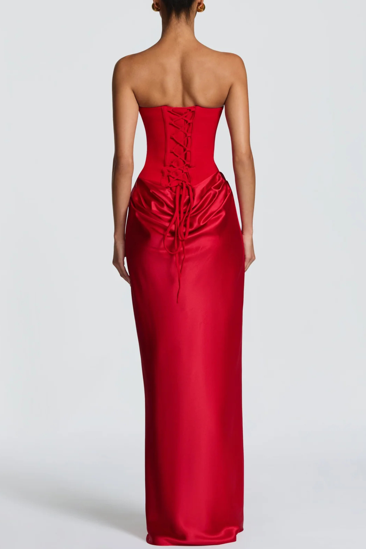 AIsolda  Strapless Corset Scarf Satin Maxi Dress - Red
